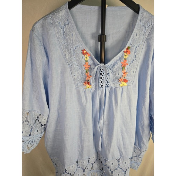 None Tops - Light Blue Embroidered Eyelet Lace Peasant Top Sz 3XL Boho Cottagecore Prairie
